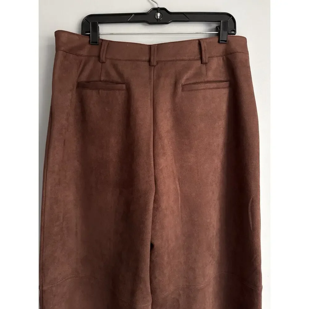 NY&C Faux Suede Wide Leg Pants Brown High Rise Palazzo Women Large NWT